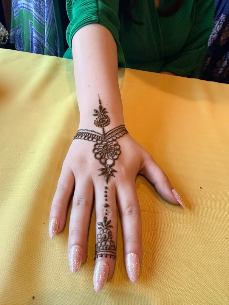 Floral henna design across a hand